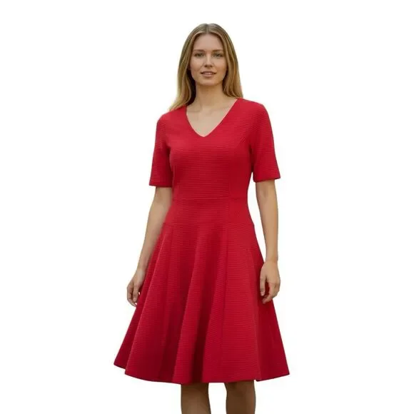 Anne Klein Size 12 Short Sleeve Knee Length Skater Dress Strawberry Red Textured - Picture 1 of 8